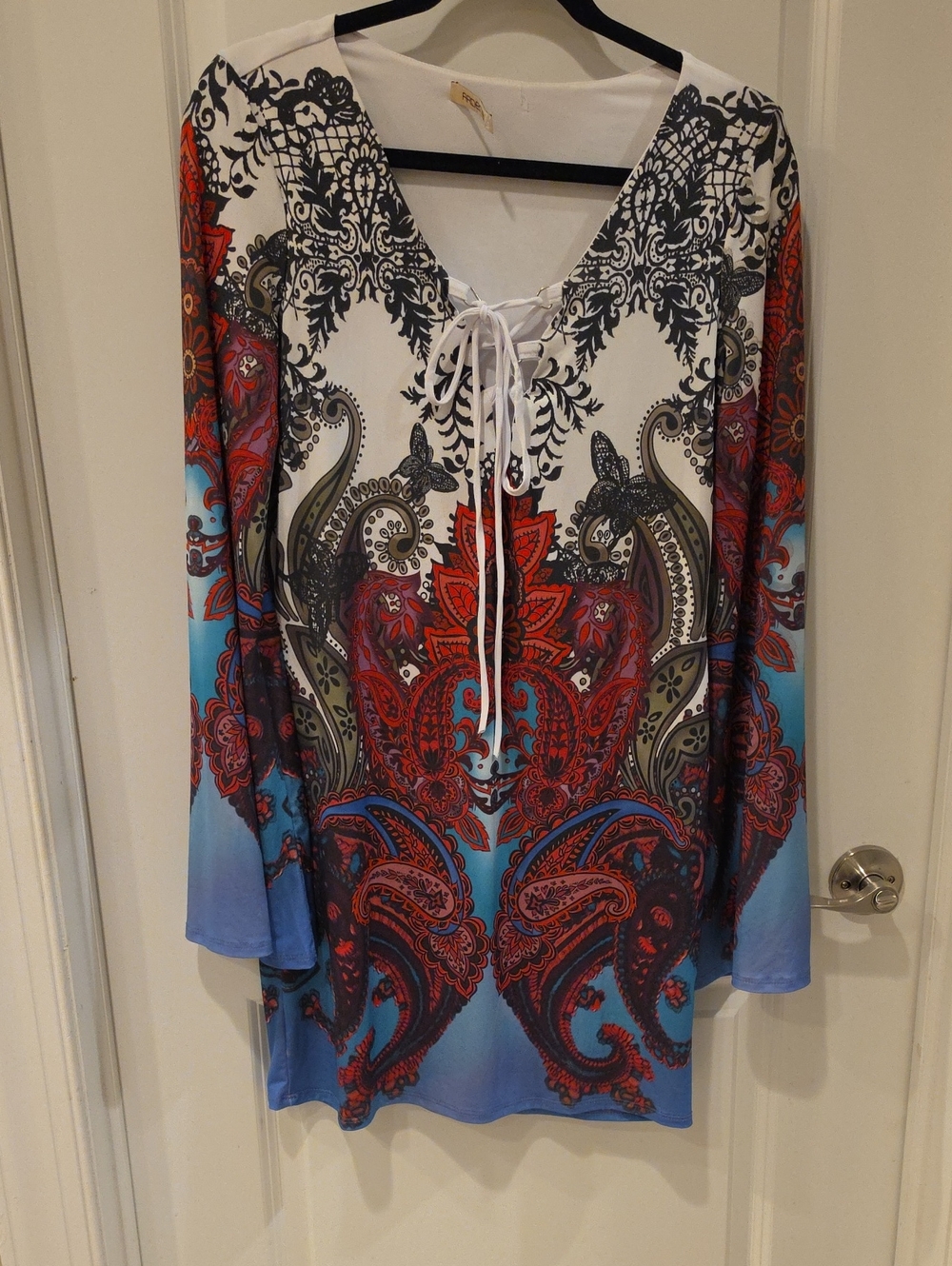 Arden B White, Red & Blue Paisley Lace-Up Tunic/Mini Dress Suze Xl (Runs Small)